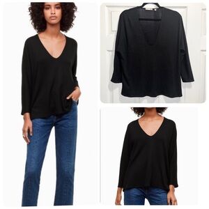 Aritzia Wilfred Free Aneta Black V-Neck 3/4 Sleeve Top Relaxed Fit Shirt Small